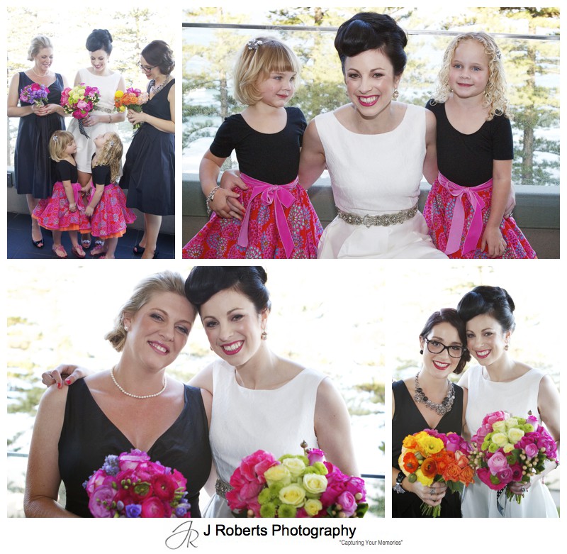 Bride with her bridesmaid and flower girls in black, orange and hot pink - sydney wedding photography